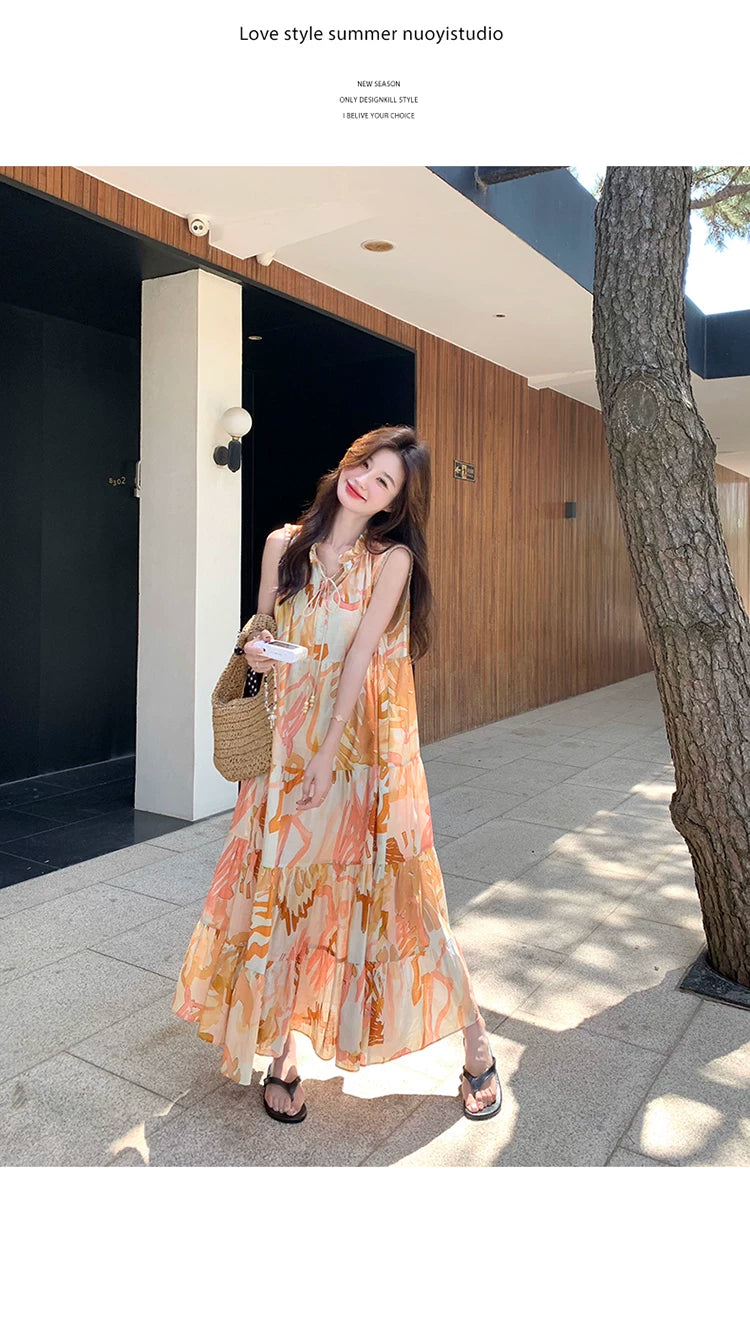 orange print tiered sleeveless dress 1color 【NINE7136】