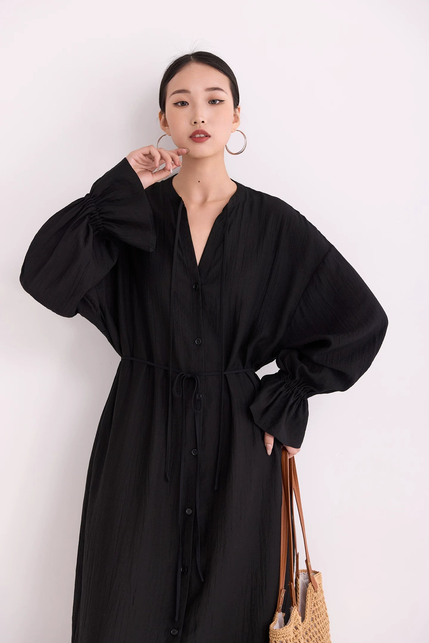 v-neck flare sleeve shirt long dress 1color 【NINE7223】