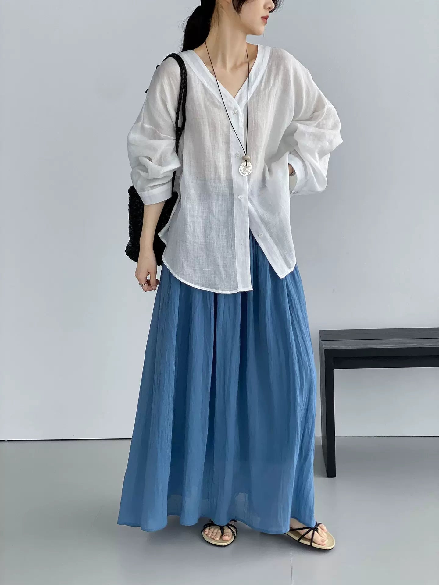 yoke pleated flared long skirt 2color 【NINE7077】