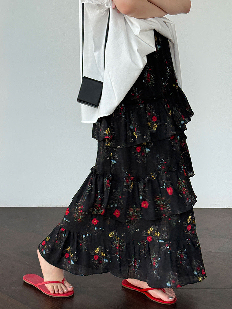 floral tiered slit maxi skirt 1color 【NINE7240】