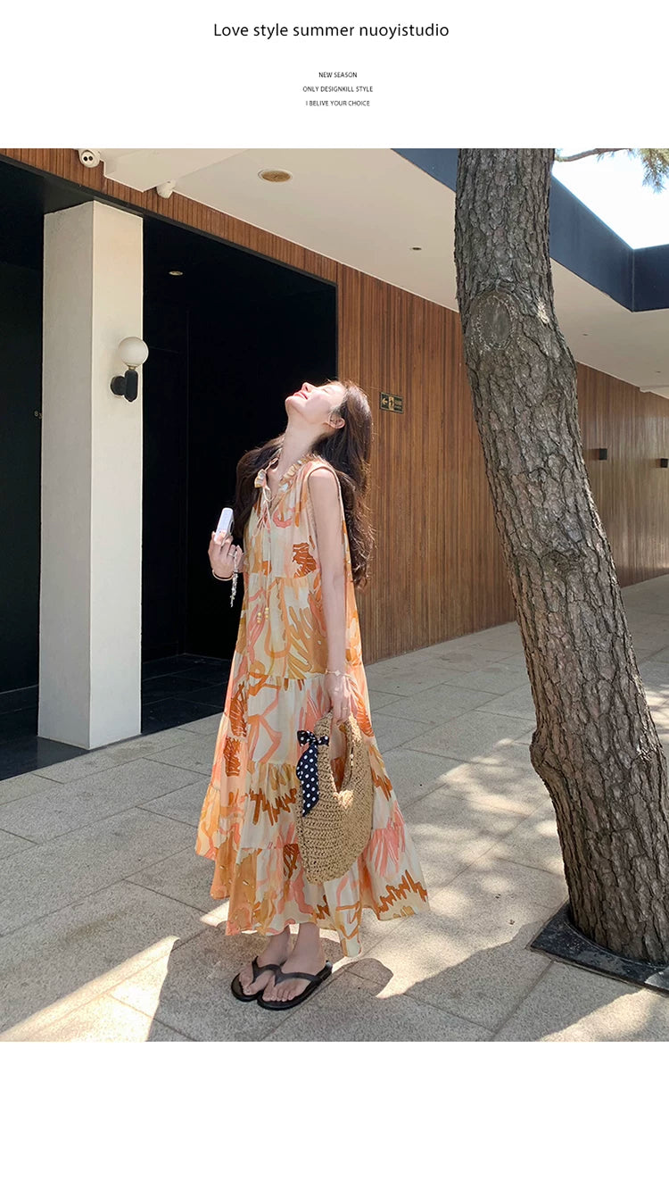 orange print tiered sleeveless dress 1color 【NINE7136】