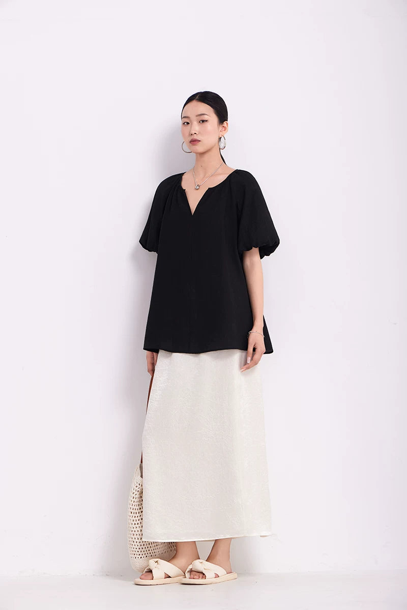 v-neck puff sleeve loose blouse 1color 【NINE7219】