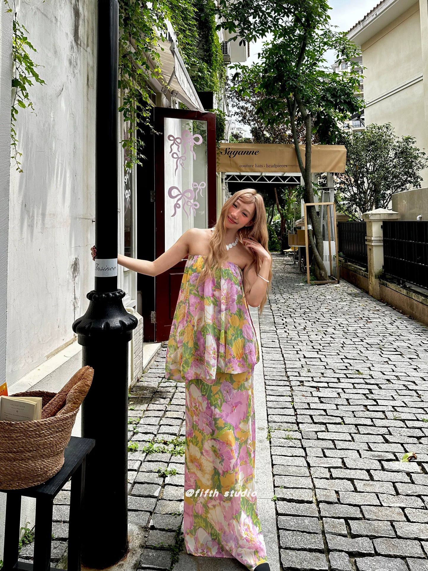 floral print tube top style fake two-piece long dress 1color 【NINE7147】