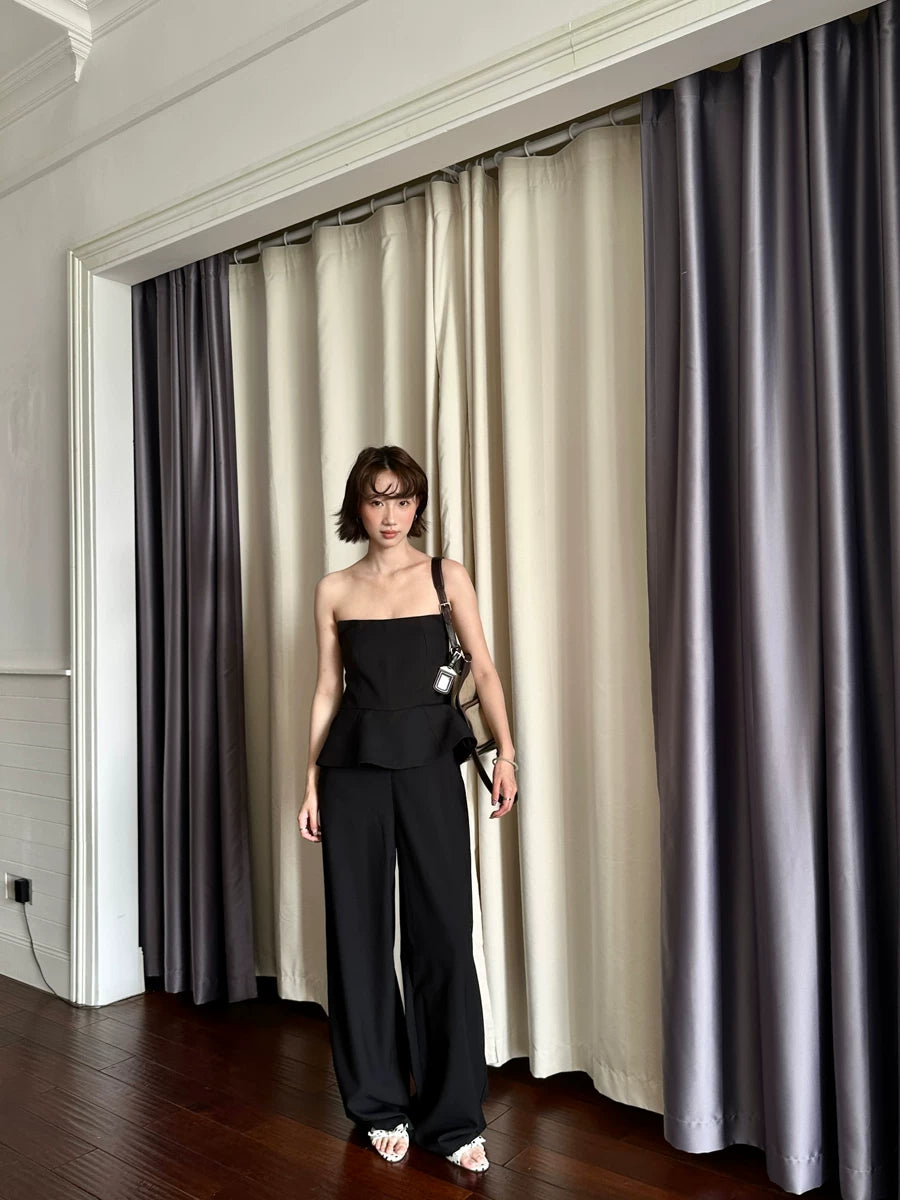 tube top peplum fake two-piece wide leg jumpsuit 1color 【NINE7150】
