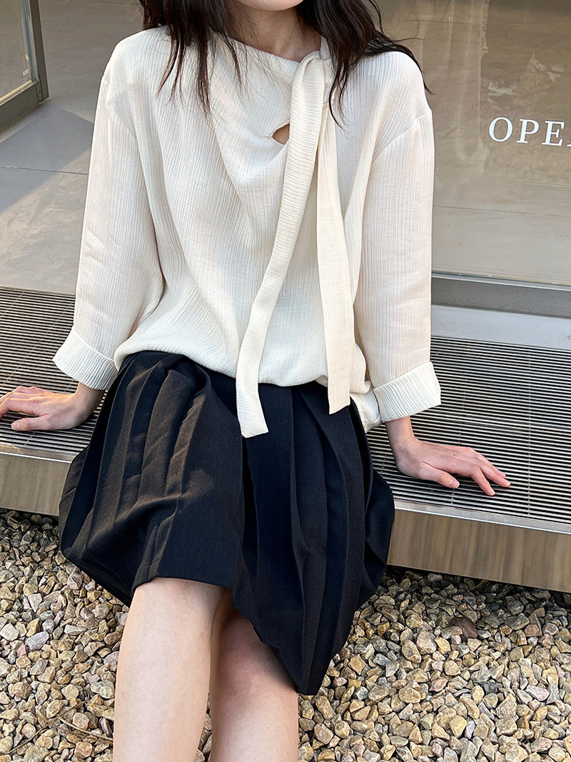 pleated scarf tie blouse 2color 【NINE7242】