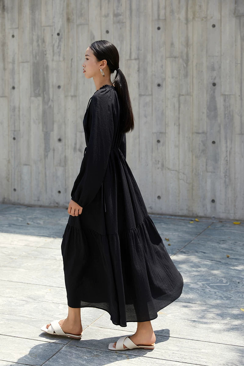 v-neck belt tiered long dress 1color 【NINE7227】