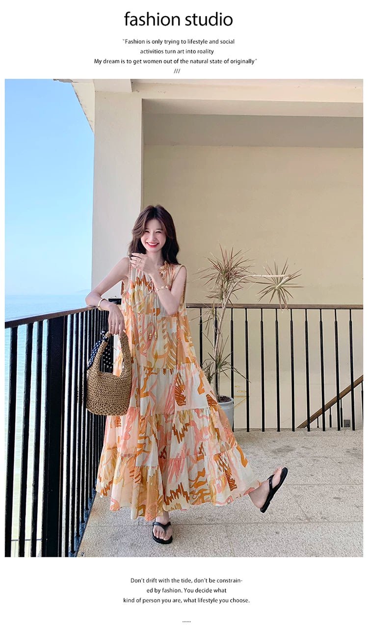 orange print tiered sleeveless dress 1color 【NINE7136】