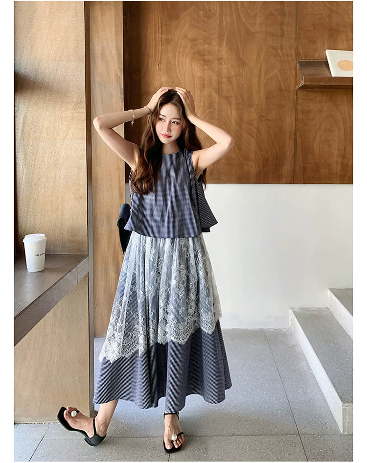 stripe lace fake twopiece dress 1color 【NINE7129】