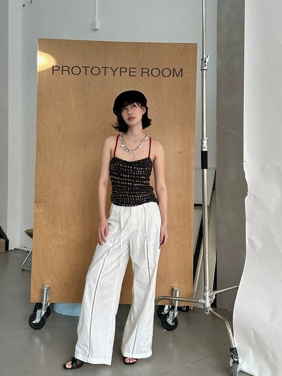 cotton linen lace cutout wide pants 1color 【NINE7143】