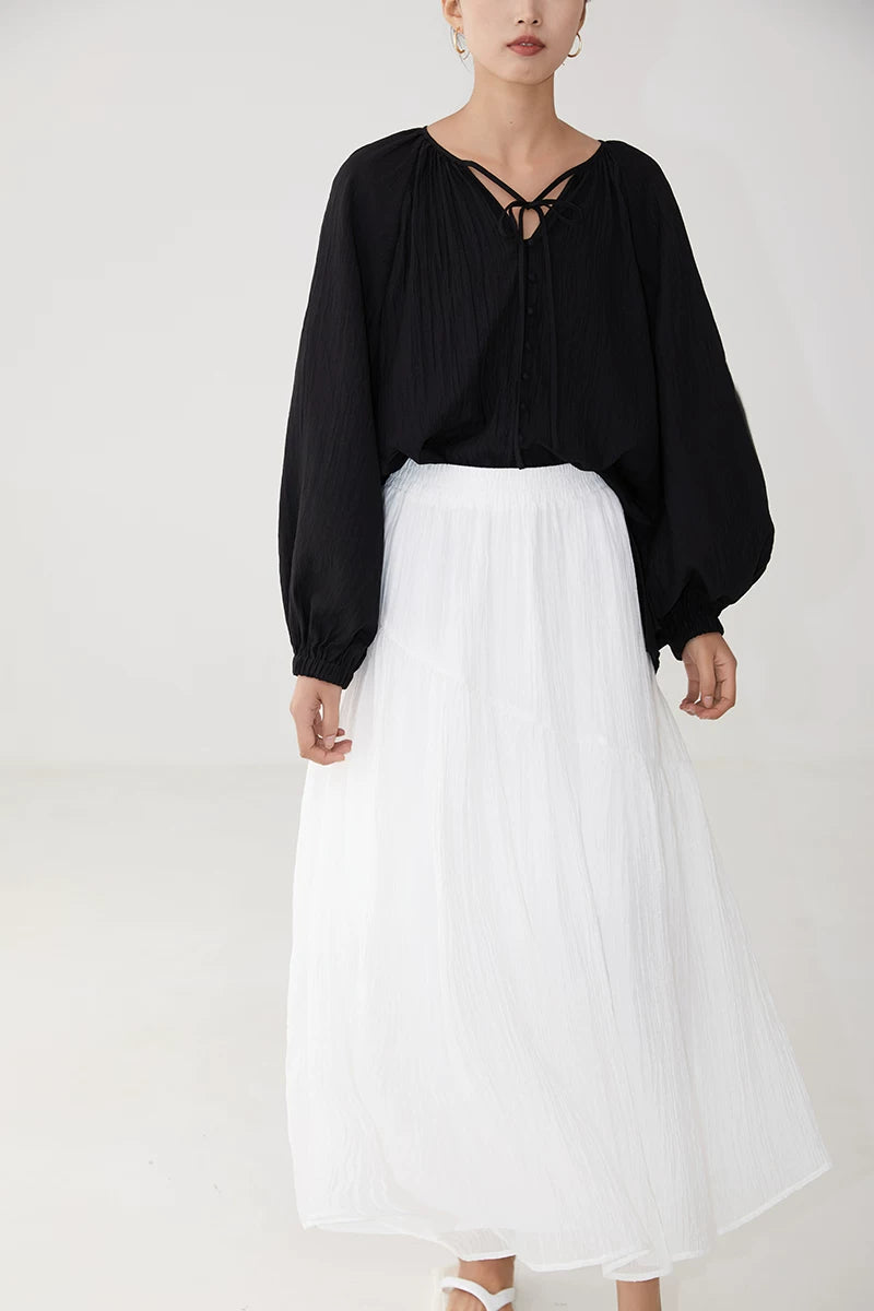 lace up tie lantern sleeve blouse 1color 【NINE7226】