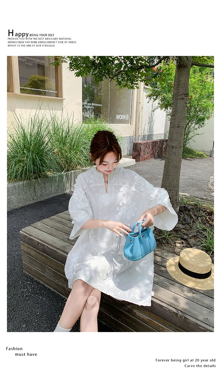 3D floral vneck loose dress 1color 【NINE7130】