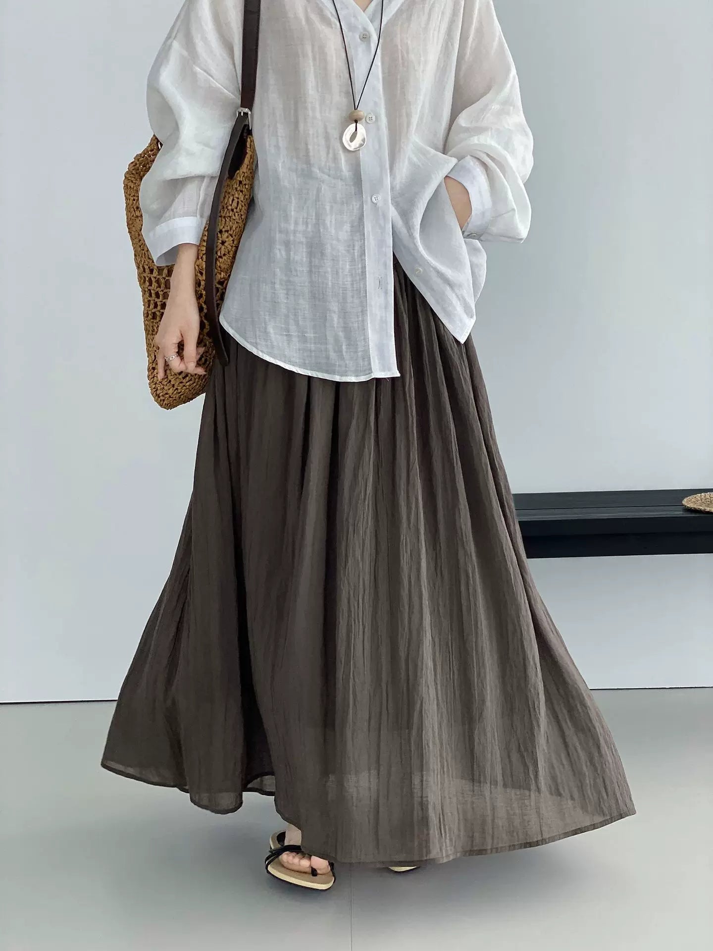 yoke pleated flared long skirt 2color 【NINE7077】