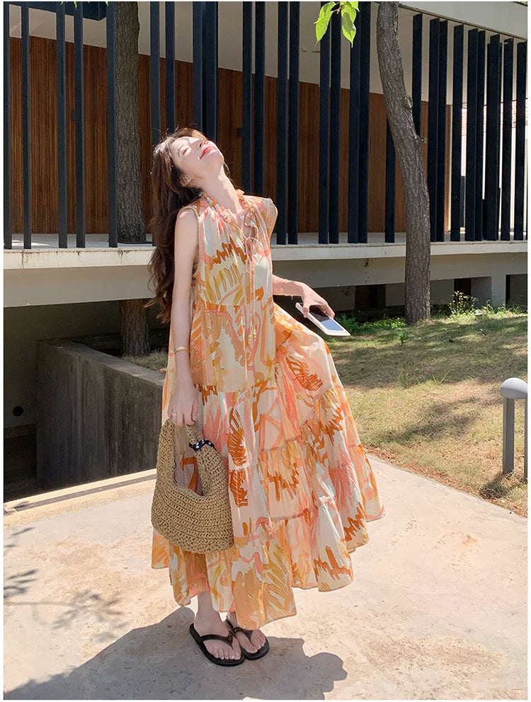 orange print tiered sleeveless dress 1color 【NINE7136】