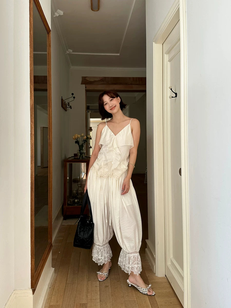 lace hem pleated loose pants 1color 【NINE7141】