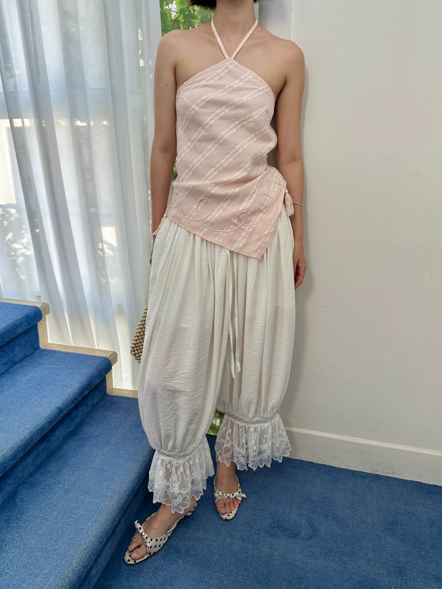lace hem pleated loose pants 1color 【NINE7141】