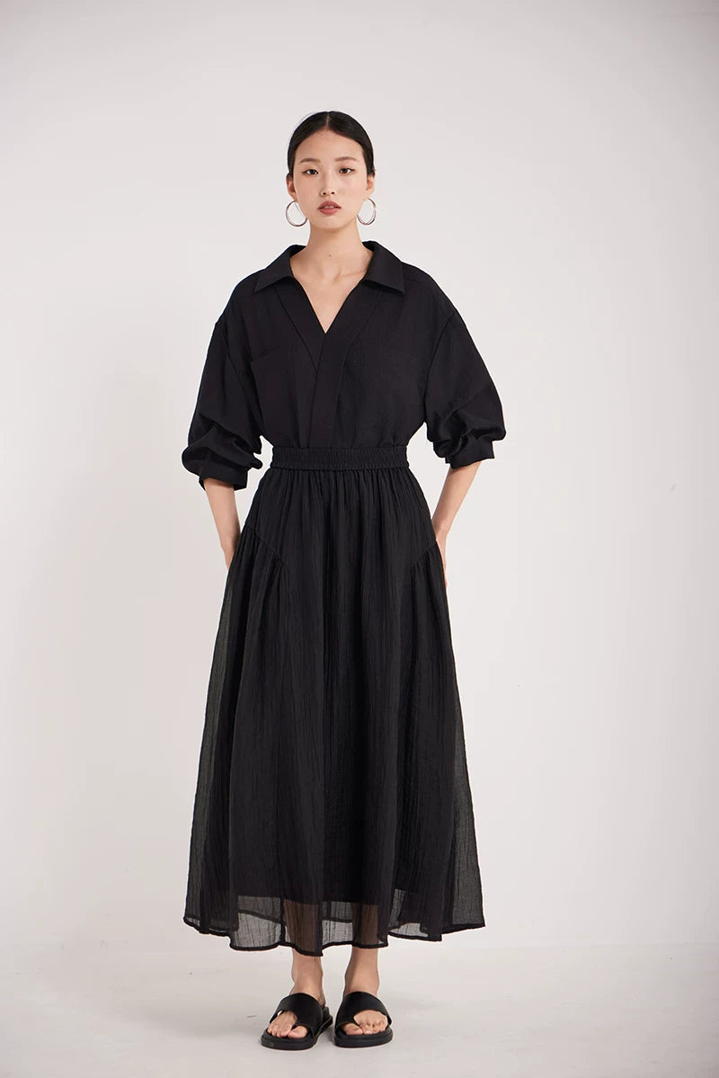 v-neck lapel puff sleeve shirt 3colors 【NINE7215】