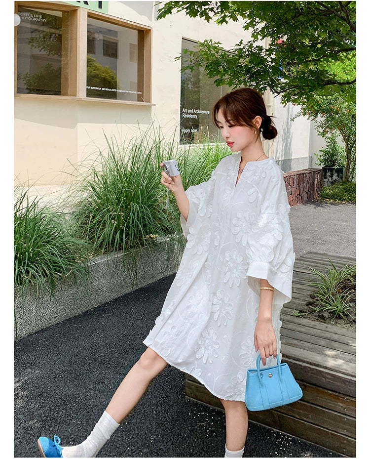 3D floral vneck loose dress 1color 【NINE7130】