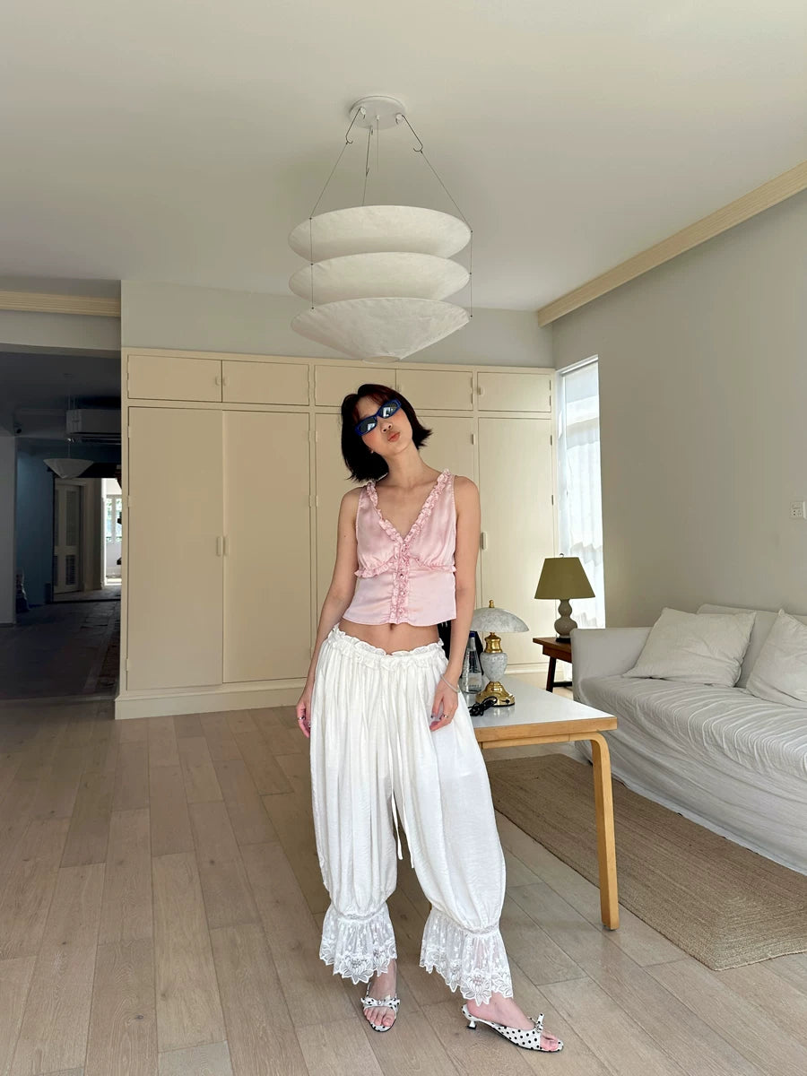 lace hem pleated loose pants 1color 【NINE7141】