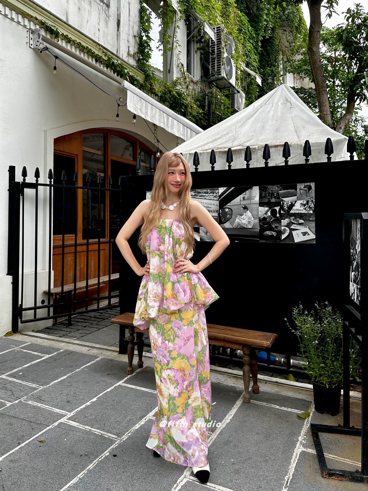floral print tube top style fake two-piece long dress 1color 【NINE7147】