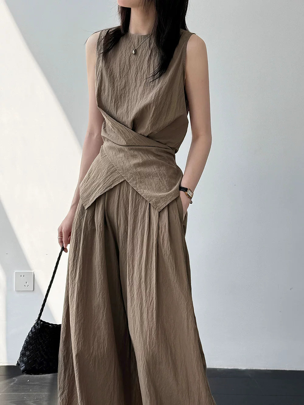 ribbon tops wide pants setup 3color 【NINE7061】
