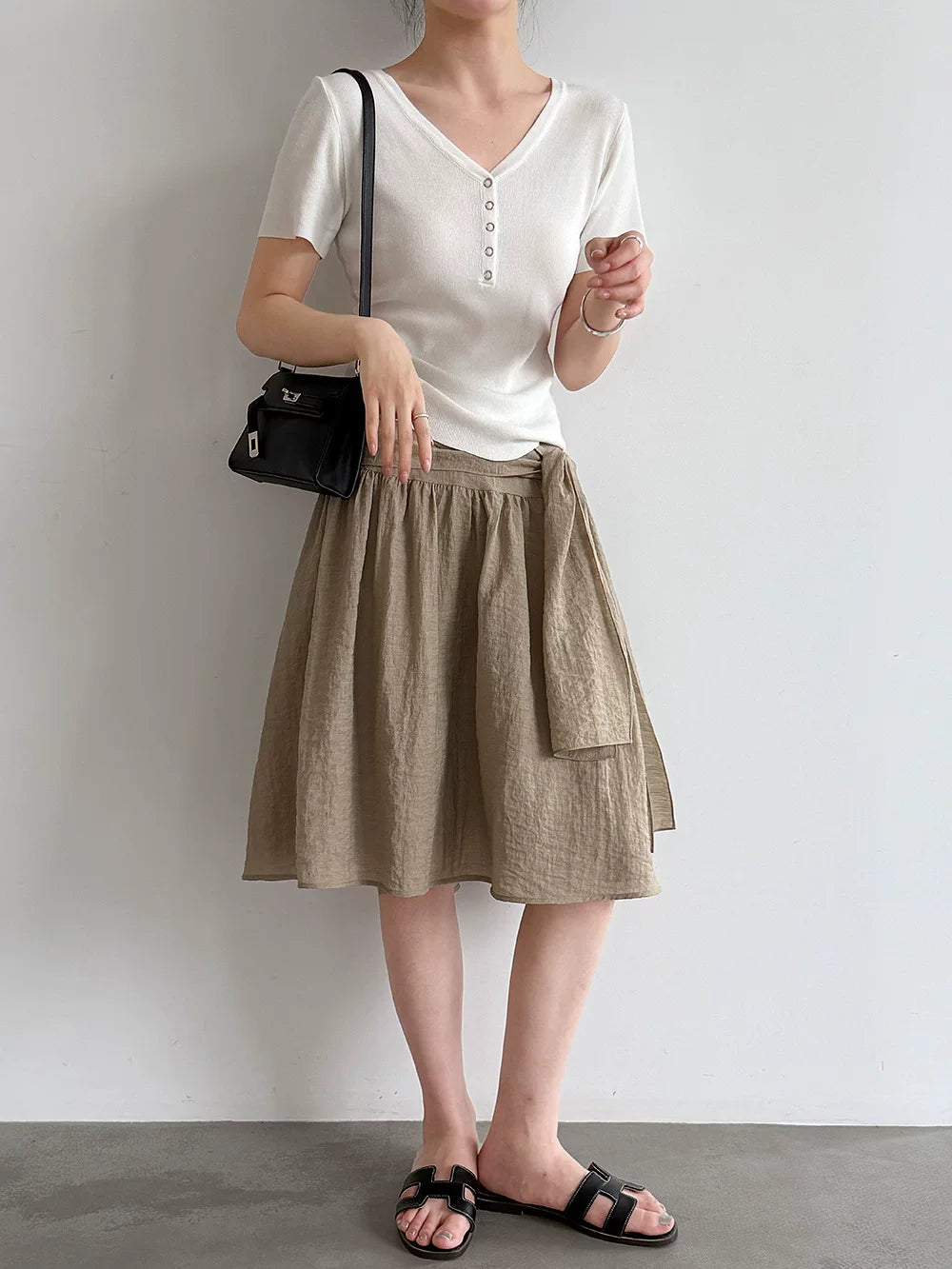 waist tie flared knee skirt 2color 【NINE7079】