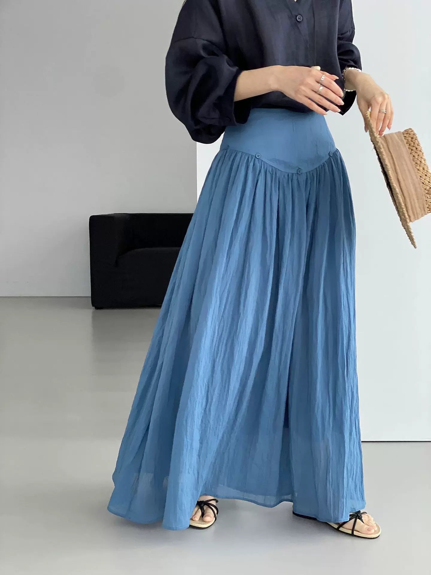 yoke pleated flared long skirt 2color 【NINE7077】