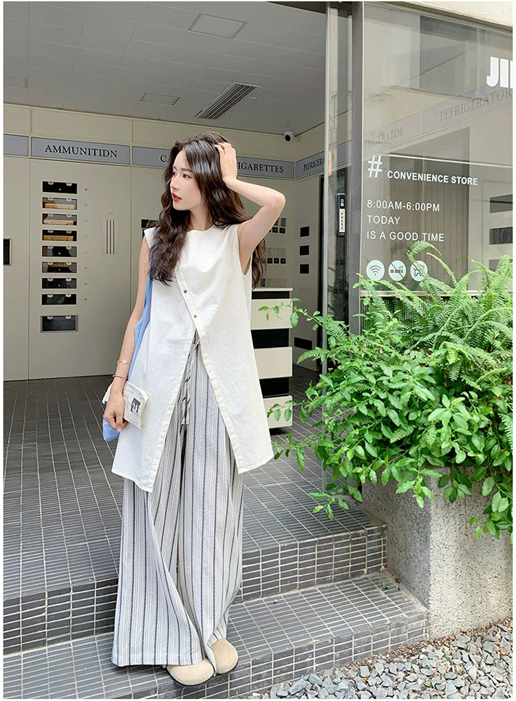 asymmetric top stripe pants setup 1color 【NINE7112】