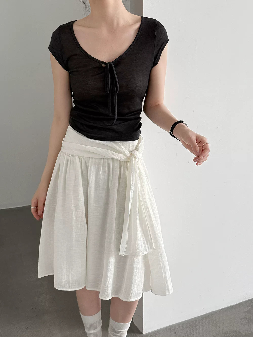 waist tie flared knee skirt 2color 【NINE7079】