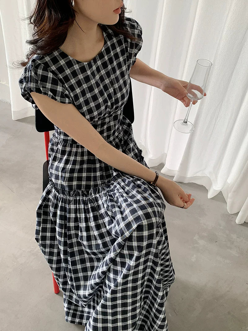 check tiered cap sleeve dress 1color 【NINE7066】