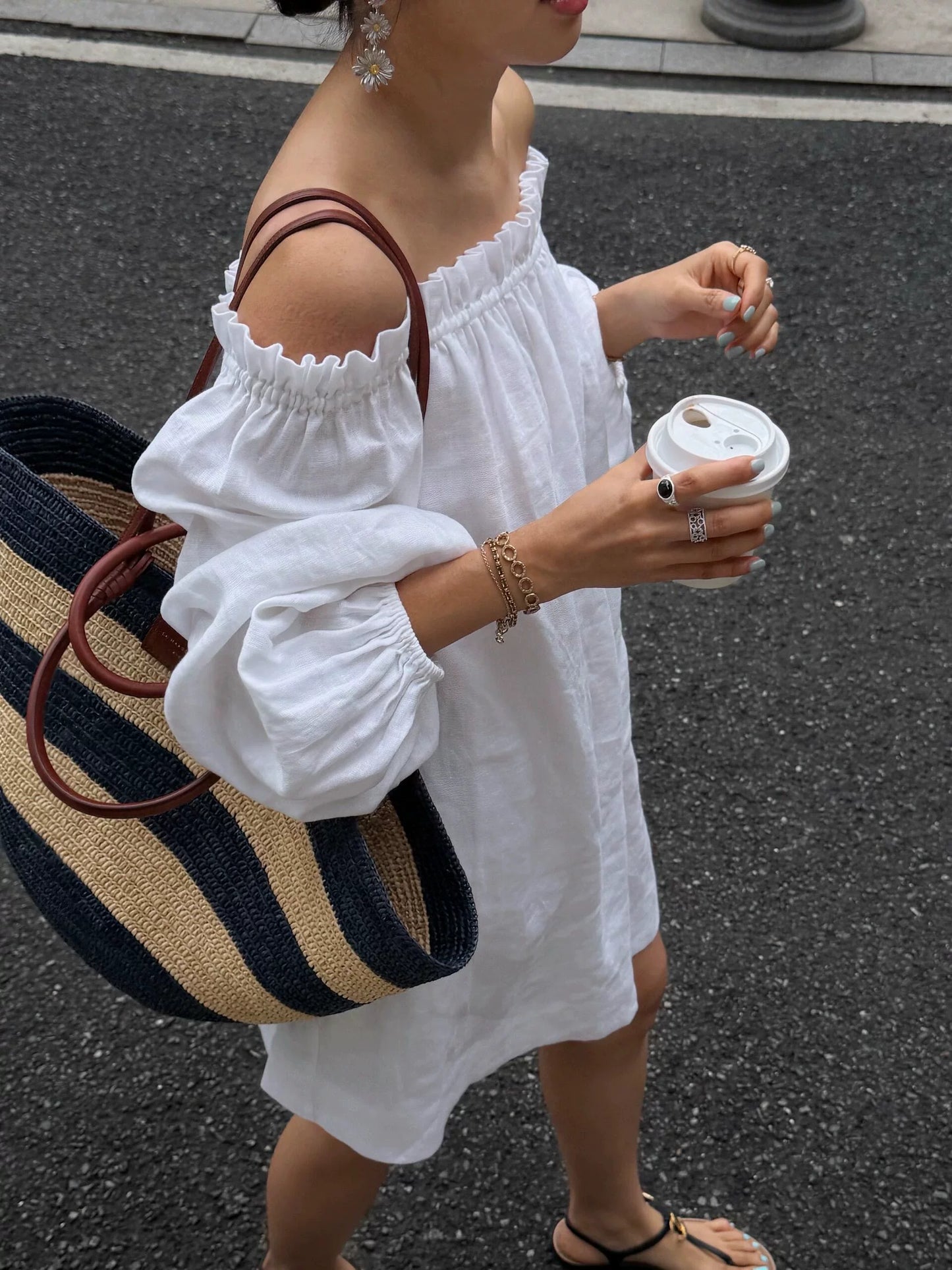 off shoulder ruffle linen mini dress 1color 【NINE7212】