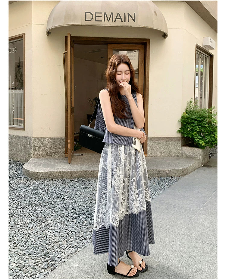 stripe lace fake twopiece dress 1color 【NINE7129】