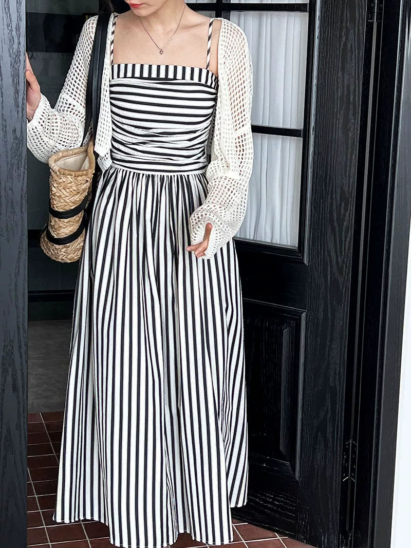 striped ruched camisole long dress 1color 【NINE7062】