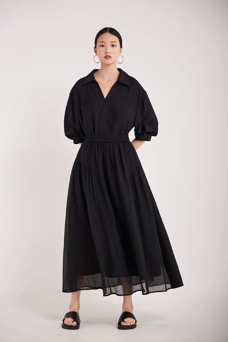 v-neck lapel puff sleeve shirt 3colors 【NINE7215】