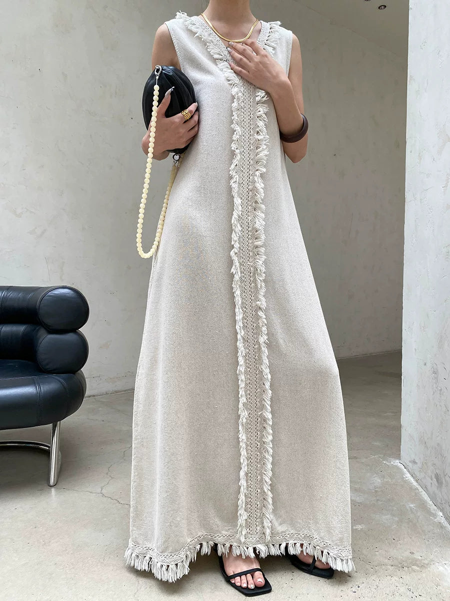fringe sleeveless long dress 2color 【NINE7057】