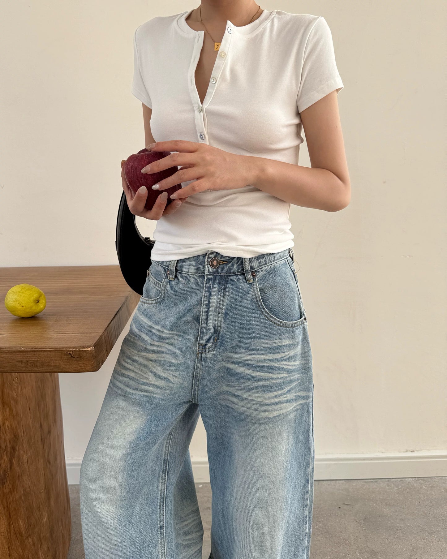 fitted henley neck short top 2color【NINE7002】