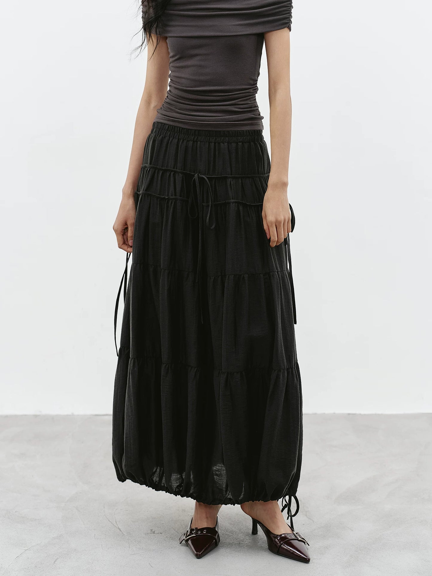 drawstring tiered balloon long skirt 1color 【NINE7229】