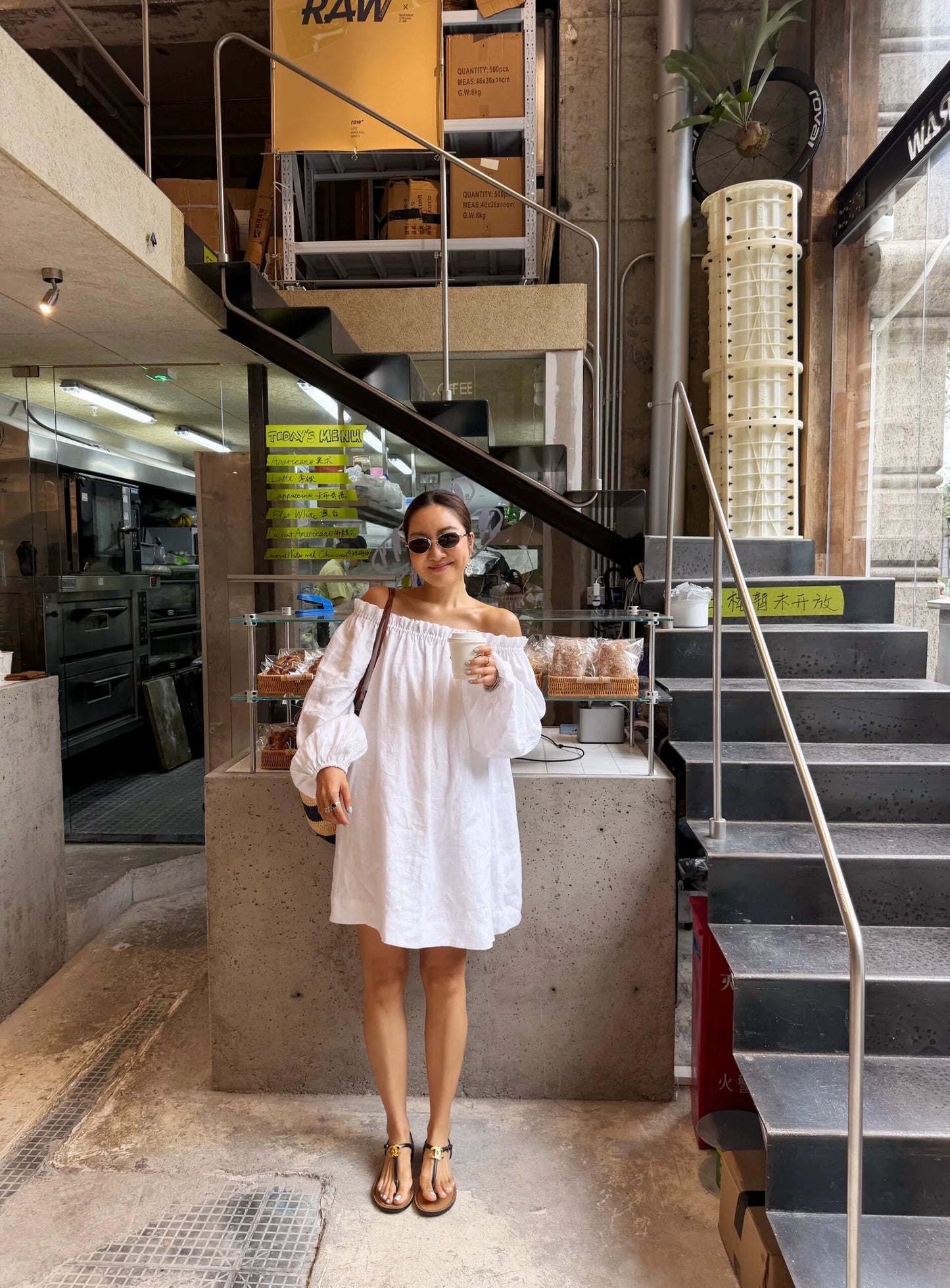 off shoulder ruffle linen mini dress 1color 【NINE7212】