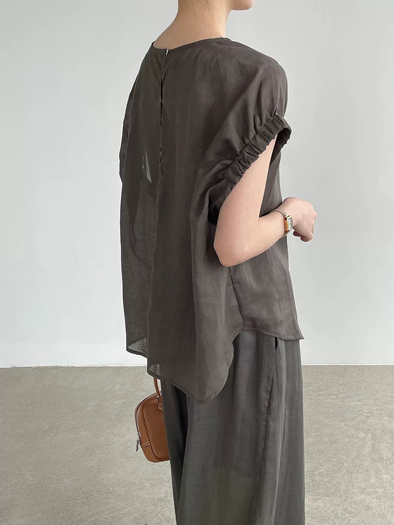 back button loose short sleeve blouse 3color 【NINE7021】