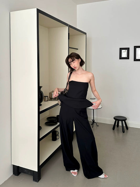 tube top peplum fake two-piece wide leg jumpsuit 1color 【NINE7150】