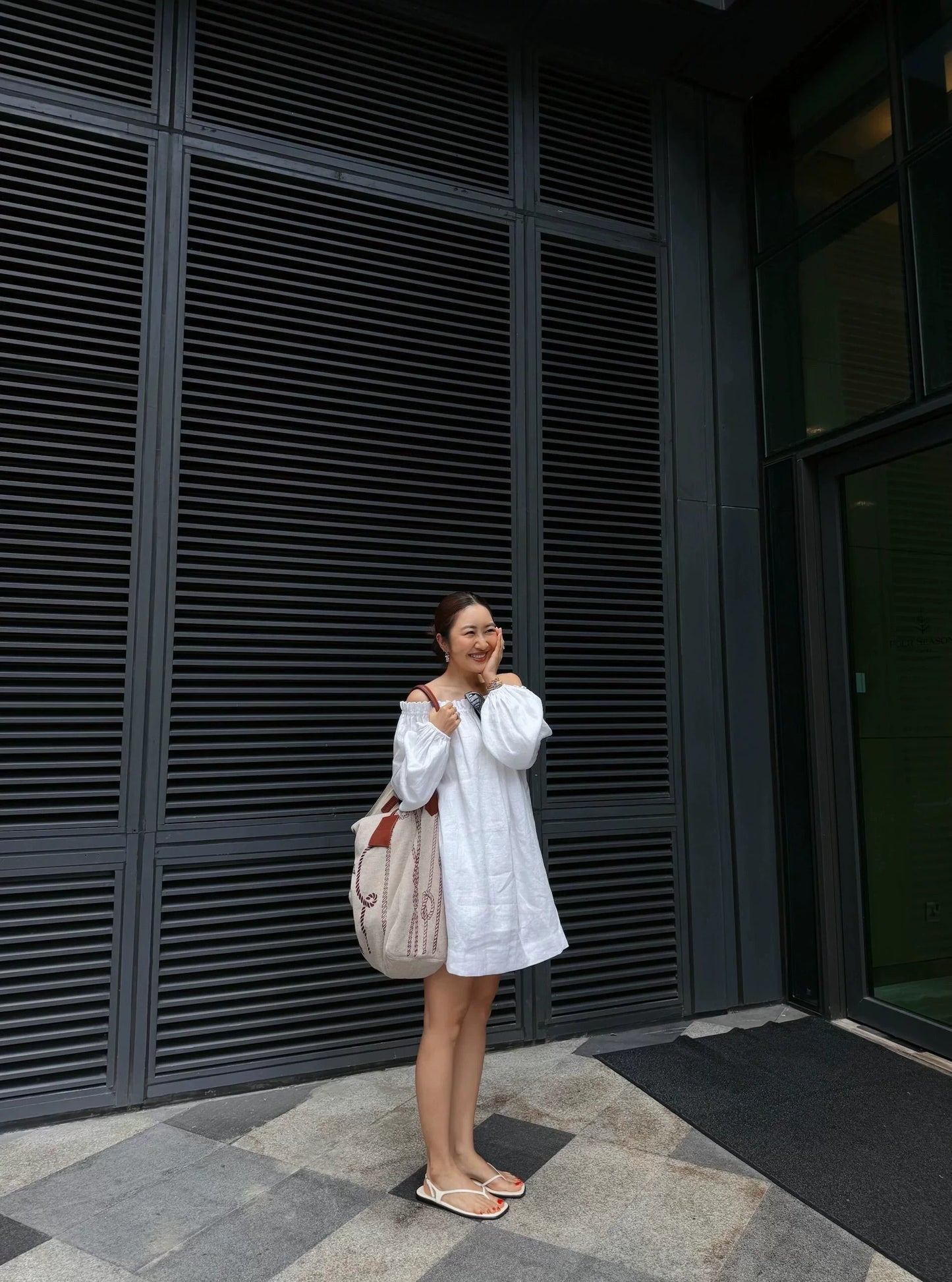 off shoulder ruffle linen mini dress 1color 【NINE7212】