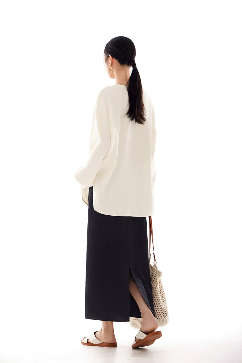 textured elastic waist long A-line skirt 1color 【NINE7217】