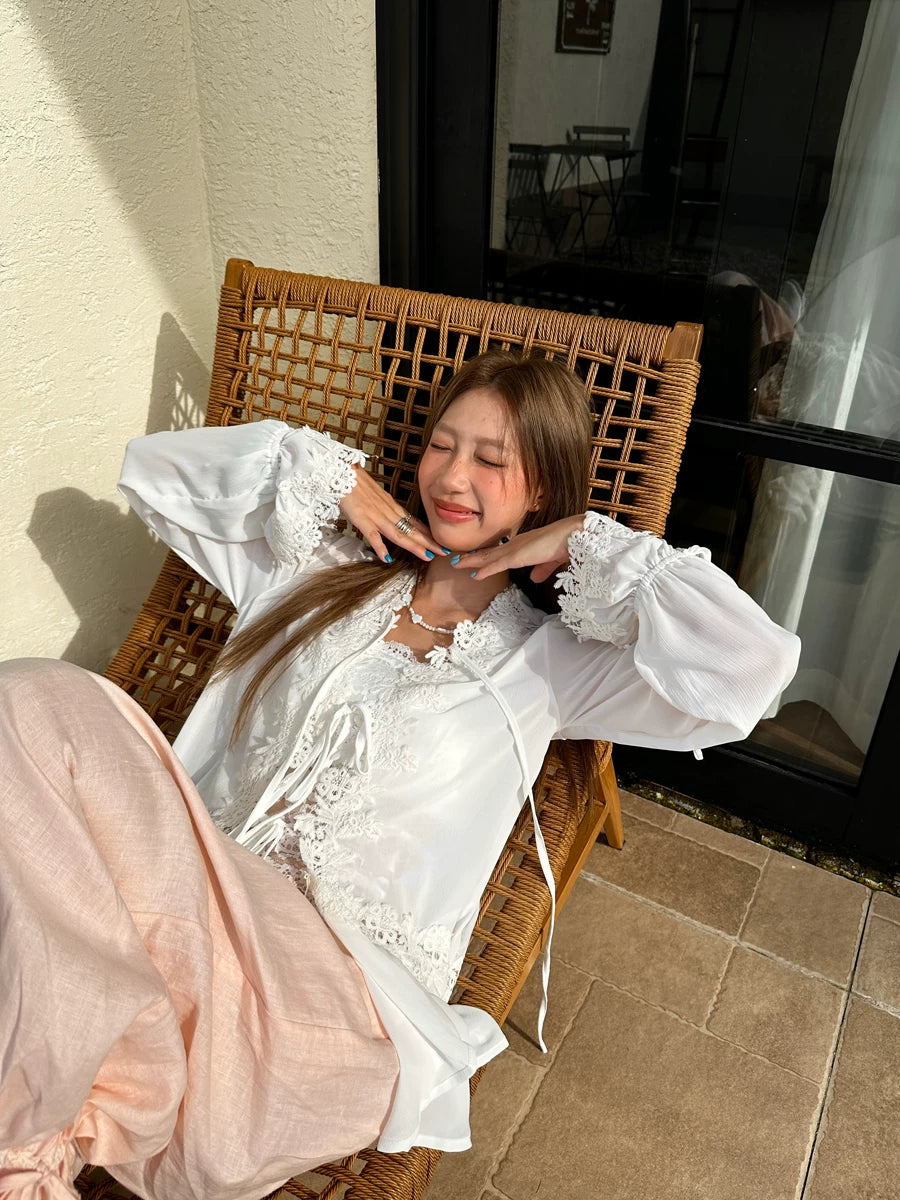french lace tie loose blouse 1color 【NINE7148】