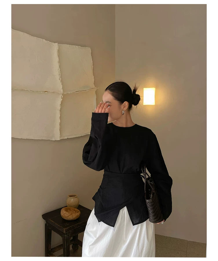 waist ribbon tie long sleeve blouse 1color 【NINE7198】