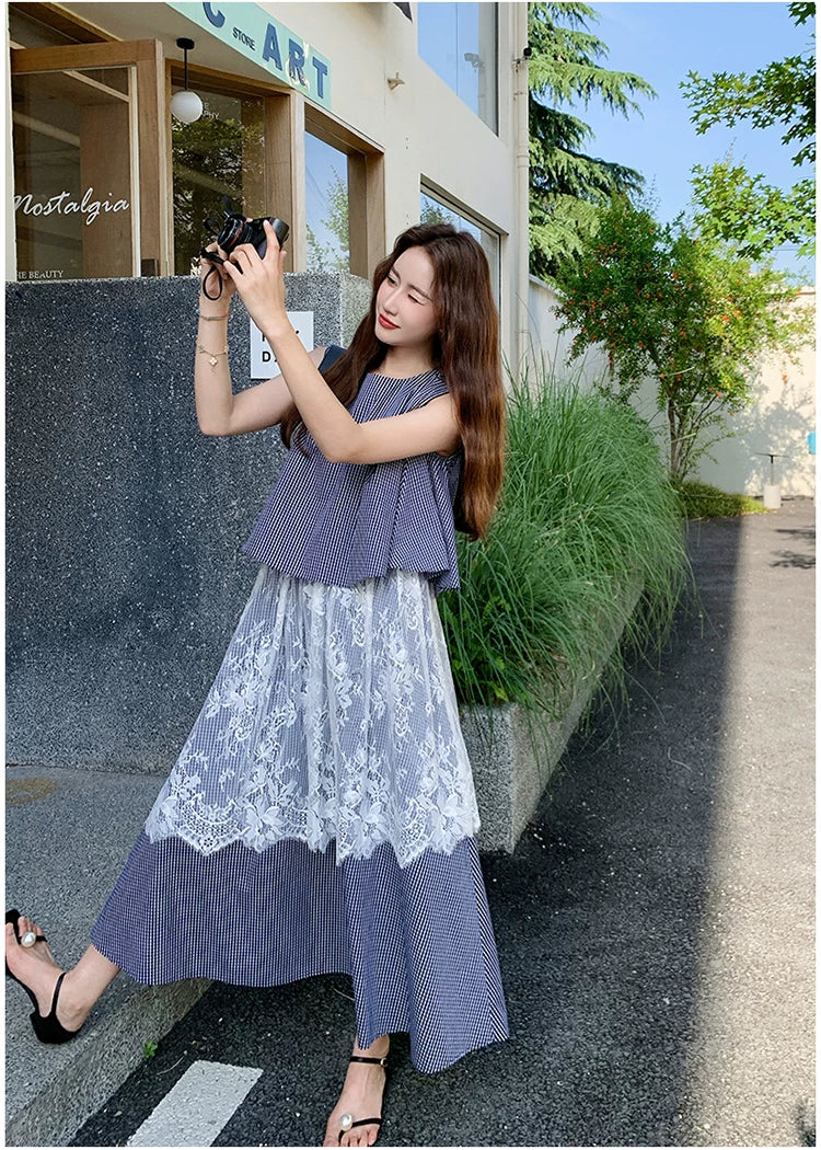 stripe lace fake twopiece dress 1color 【NINE7129】