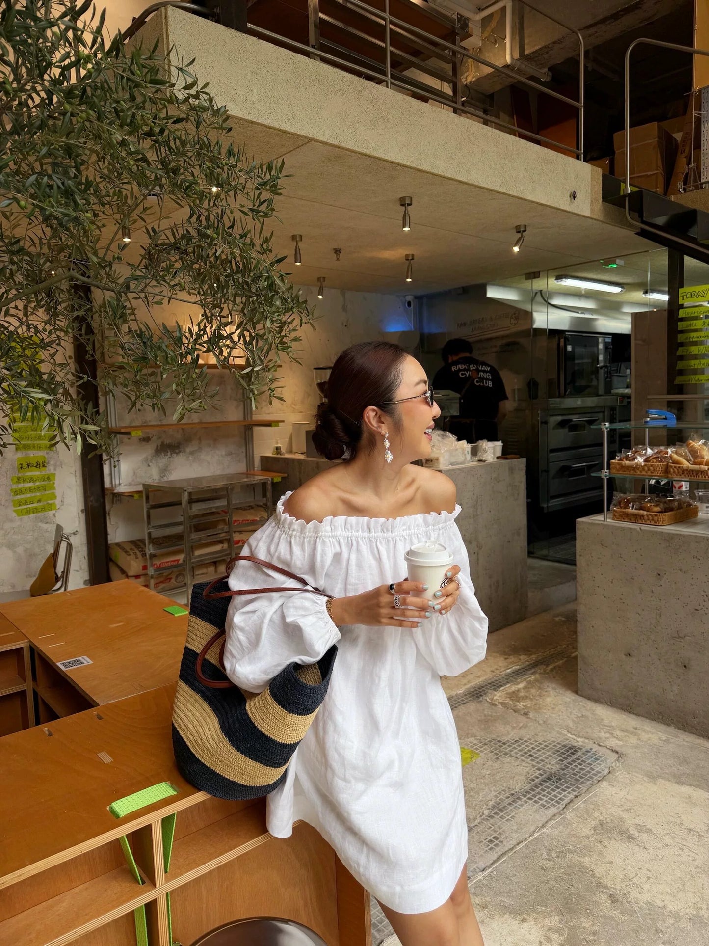 off shoulder ruffle linen mini dress 1color 【NINE7212】