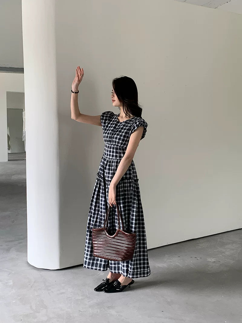check tiered cap sleeve dress 1color 【NINE7066】