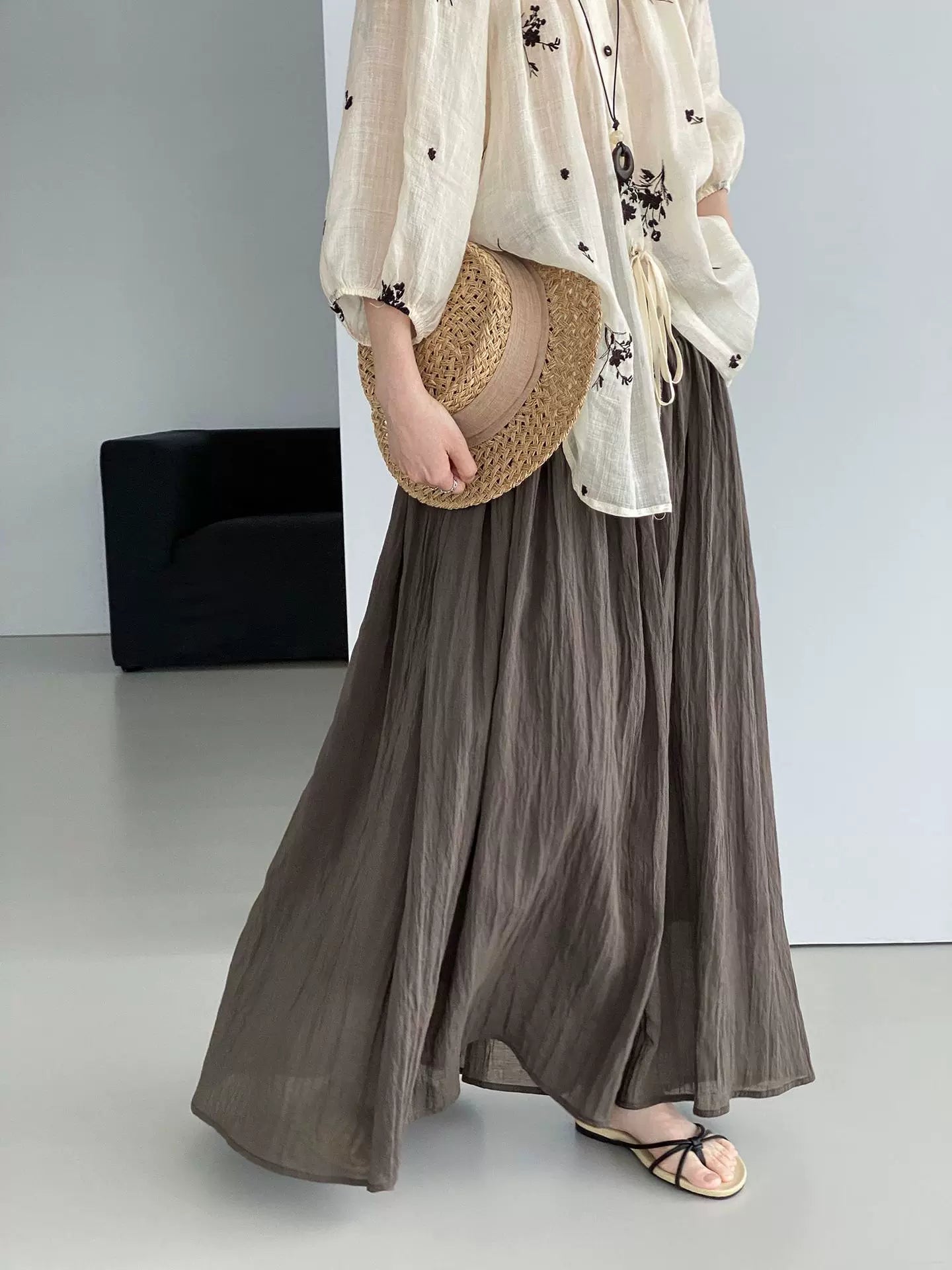yoke pleated flared long skirt 2color 【NINE7077】
