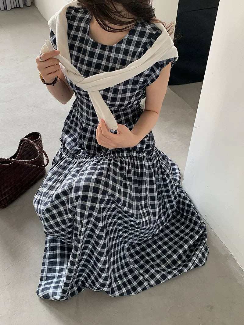 check tiered cap sleeve dress 1color 【NINE7066】