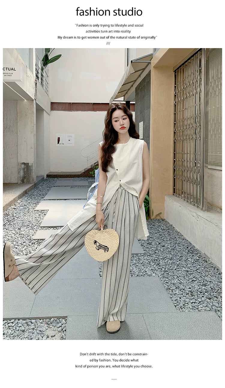 asymmetric top stripe pants setup 1color 【NINE7112】