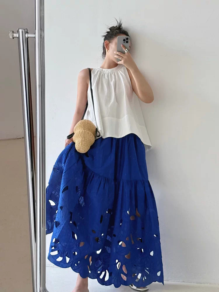 cutout embroidery tiered long skirt 2color 【NINE7053】